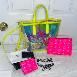 MCM Iridescent PVC Shopper Tote Neon Hologram, Pouchette and Matching Wallet H2F